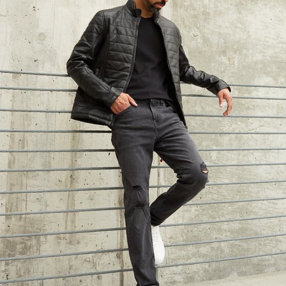 DINO Black Leather Bomber Jacket - Picture 4 of 9